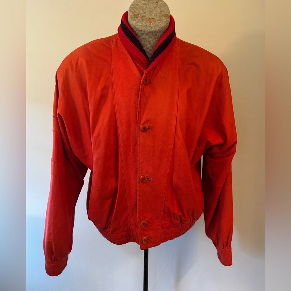 Vintage BALLY Red soft leather Bomber Jacket, knit collar. So sharp! Great Cond.